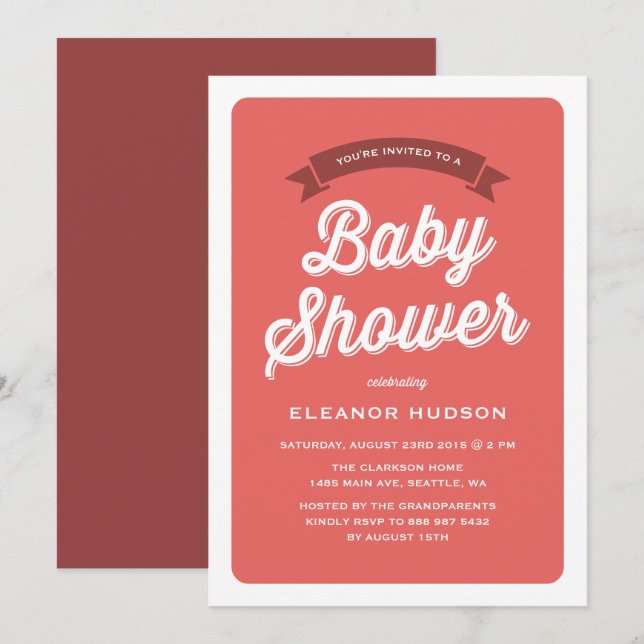 Red Retro Typography Script Classic Baby Shower Inbjudningar (Fram/baksida)