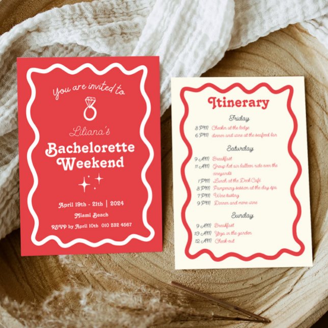 Red Retro Wave Bachelorette Helg Itinerary Inbjudningar (Skapare uppladdad)