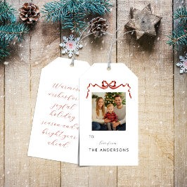 Red Ribbon Bow Christmas Photo Gift Tag Presentetikett