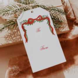 Red Ribbon Bow Greenery Juletiketters Presentetikett