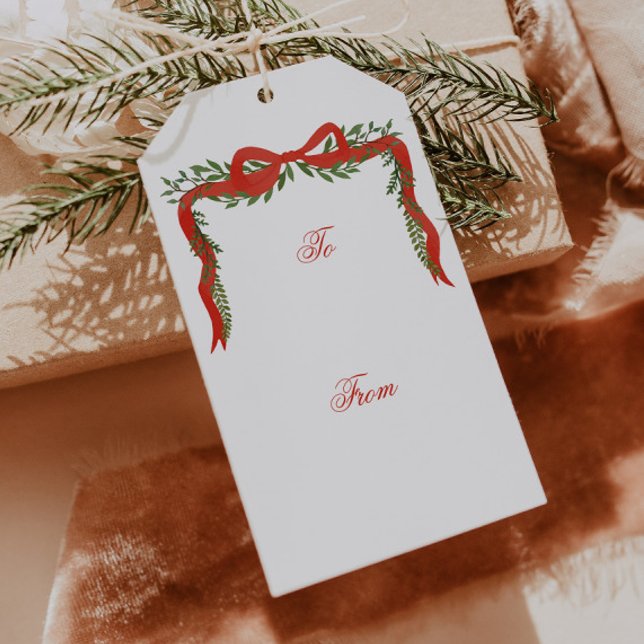 Red Ribbon Bow Greenery Juletiketters Presentetikett (Elegant hand painted red ribbon with bow and greenery Christmas holiday gift tags.)