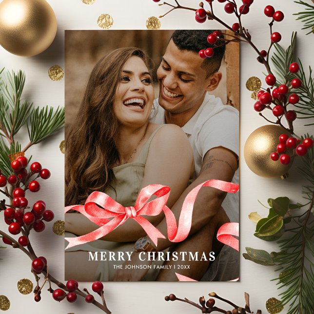 Red Ribbon Bow Photo jul Julkort (Skapare uppladdad)