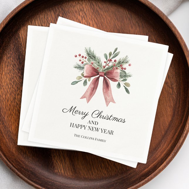 Red Ribbon Bow Watercolor Simple Holly Helgdag Pappersservett (Red Ribbon Bow Watercolor Simple Holly Holiday Napkins)