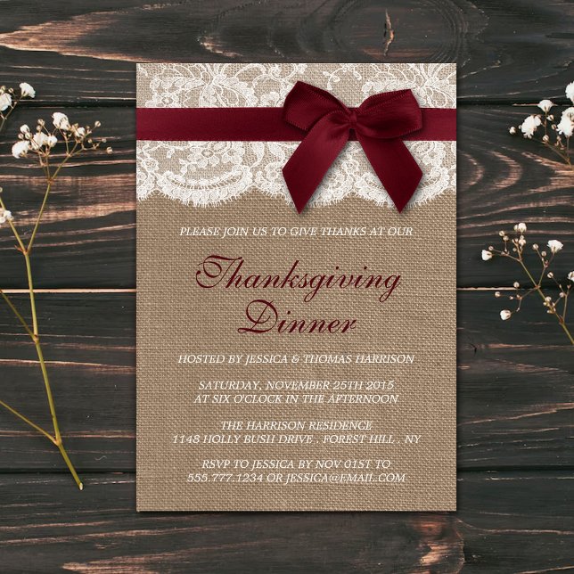 Red Ribbon Burlap & Snöre Thanksgiving Middag Inbjudningar (Skapare uppladdad)