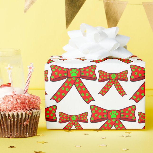 Red Ribbon Dog Paw Prints In Green Christmas Presentpapper (Födelsedagsfest)