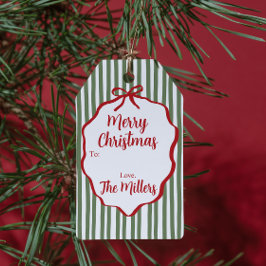 Red Ribbon Green Stripe Custom Christmas Presentetikett