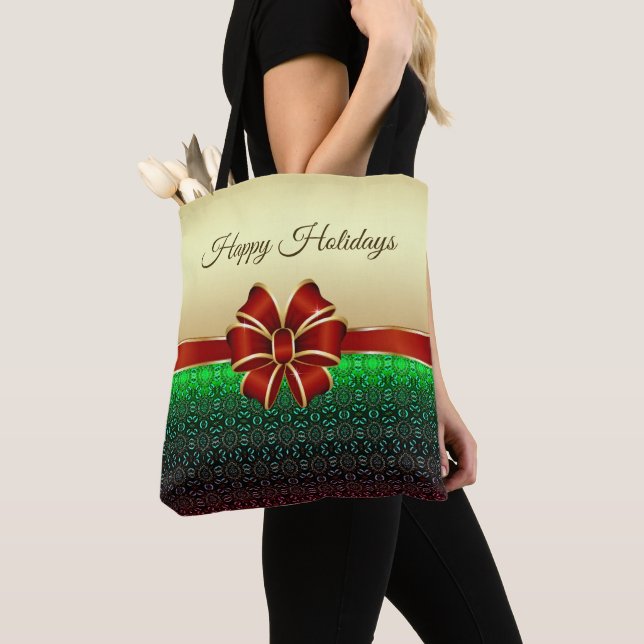 Red Ribbon Guld Helgdag Tote Bag Tygkasse (Närbild)