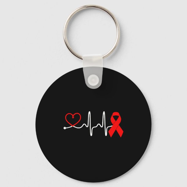 Red Ribbon Heartbeat Design For Heart Disease Awar Nyckelring (Framsida)