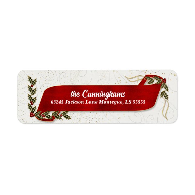 Red Ribbon med Holly och Berries Helgdag Adress Returadress Etikett (Framsidan)