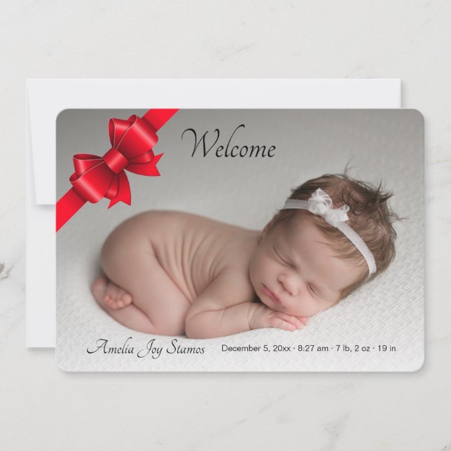 Red Ribbon Photo Birth Announcement Meddelande (Framsida)