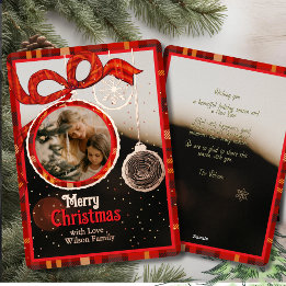 Red Ribbon Plaid Gold Foil Single Photo Christmas