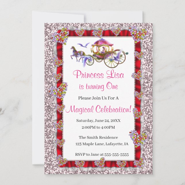 Red Ribbon Rosa Glitter Royal Princess Birthday Inbjudningar (Framsida)