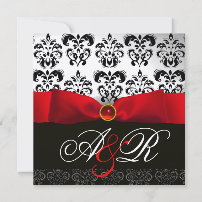 RED RIBBON RUBY WHITE BLACK DAMASK MONOGRAM INBJUDNINGAR (Framsida)