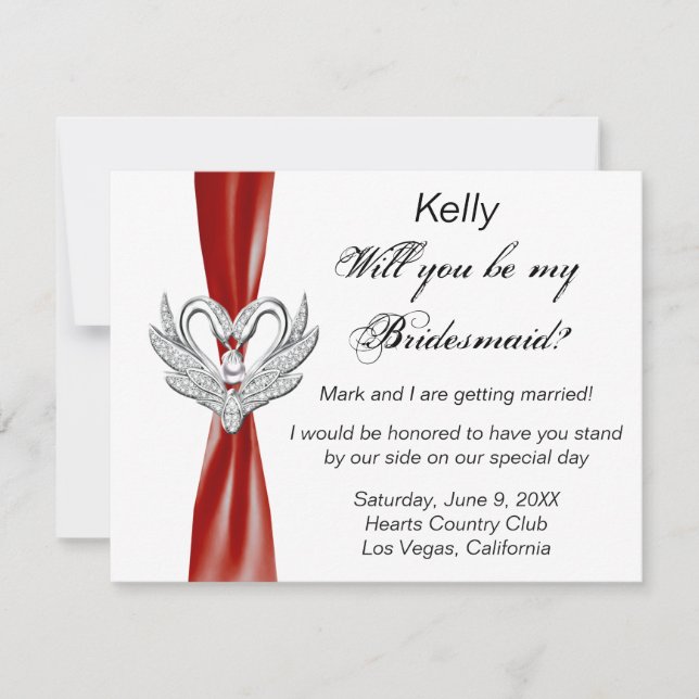 Red Ribbon Silver Svanar Bridesmaid Card Inbjudningar (Framsida)
