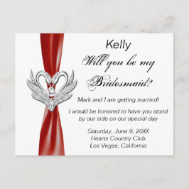 Red Ribbon Silver Svanar Bridesmaid Card Inbjudningar