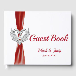 Red Ribbon Silver Svanar Bröllop Guestbook Gästböcker