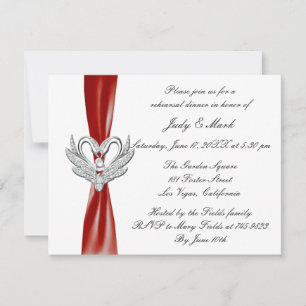 Red Ribbon Silver Svanar Rehearsal Dinner Inbjudan