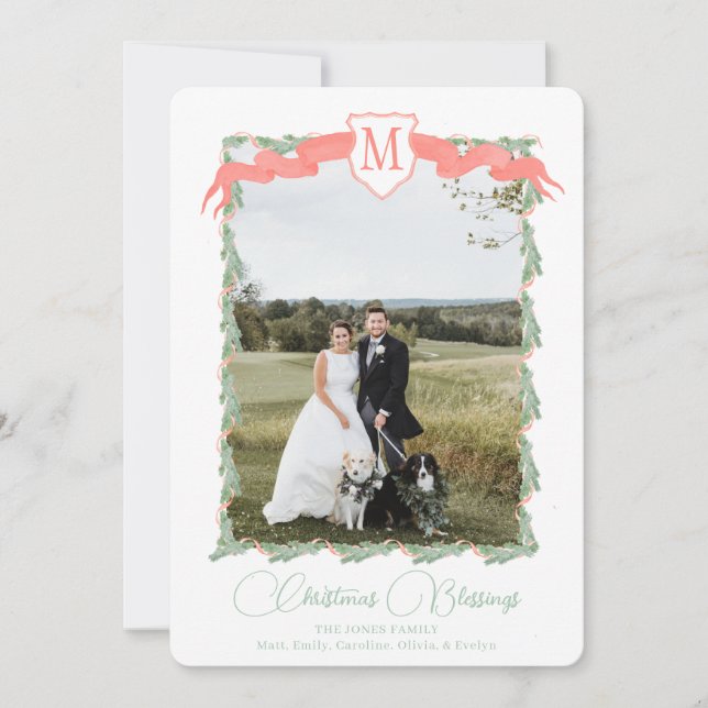 Red Ribbon Vapensköld Greenery Vintage julfoto Julkort (Framsida)