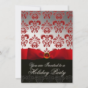 RED RIBBON WHITE BLACK DAMASK JULFEST Ruby Inbjudningar