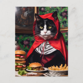 Red Riding Huva Cat Eats Cheesburger and Fries Vykort