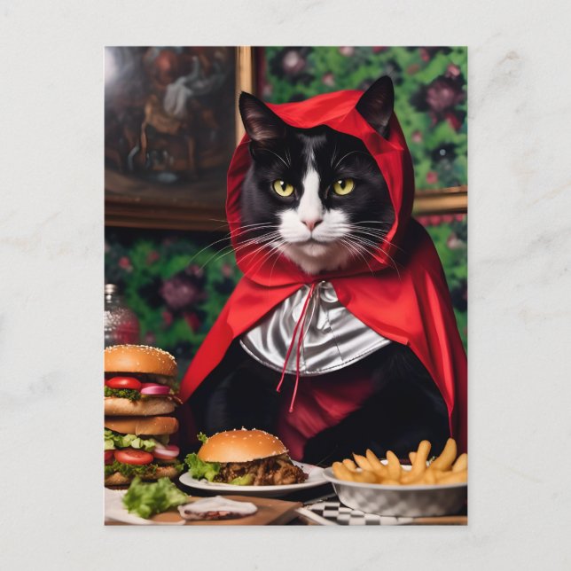 Red Riding Huva Cat Eats Cheesburger and Fries Vykort (Framsida)