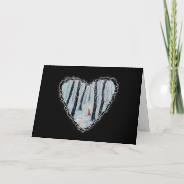 Red Riding Huva-like figur i en vinterskog Helgkort (Framsida)