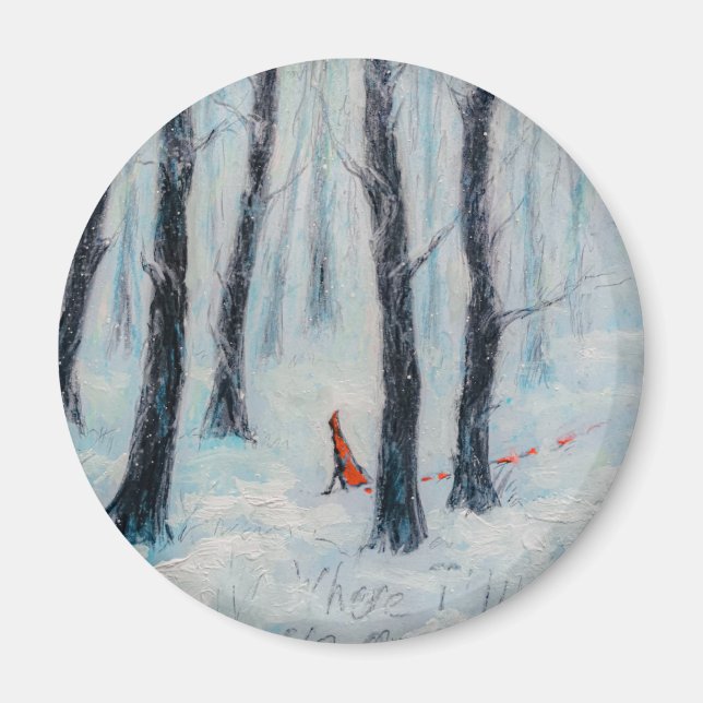 Red Riding Huva-like figur i en vinterskog Magnet (Framsidan)