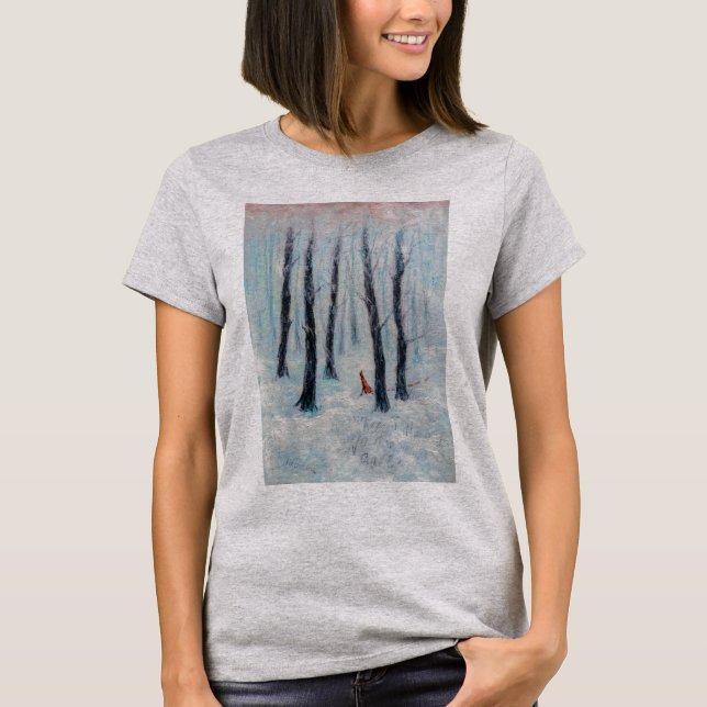 Red Riding Huva-like figur i en vinterskog T Shirt (Framsida)