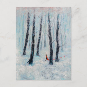 Red Riding Huva-like figur i en vinterskog Vykort