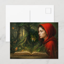 Red Riding Huva möter varg i skogen Helg Vykort
