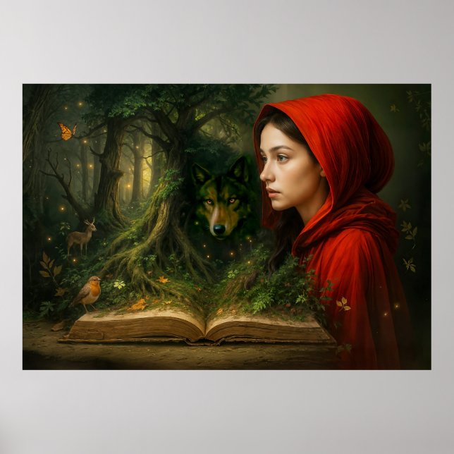 Red Riding Huva möter varg i skogen Poster (Framsidan)