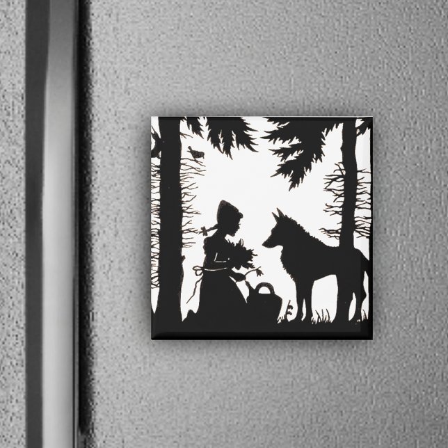 Red Riding Huva Silhouette Magnet (Black and white image Red Riding Hood in woods under trees with Wolf on magnet.)