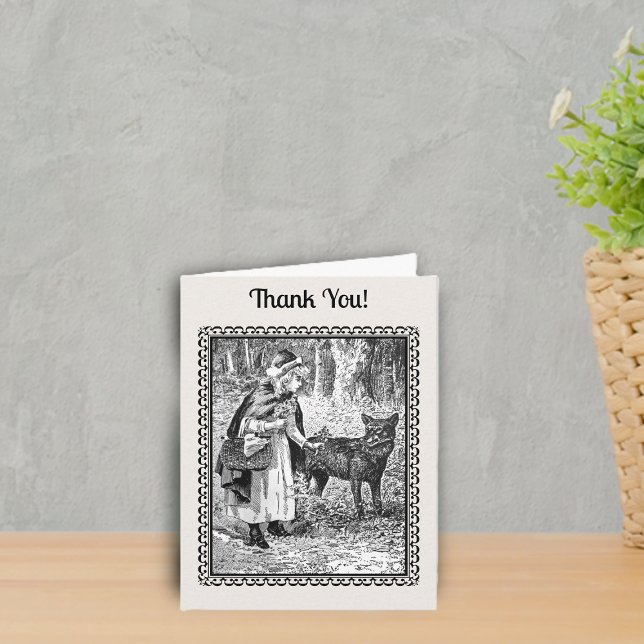 Red Riding Huva Varg under Träd Black White Tack Kort (Black white drawing in frame Little Red Riding hood with flowers, in woods with wolf thank you card.)