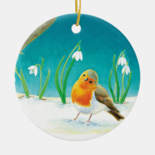 Red Robin Bird and Snowdrops Illustration Julgransprydnad Keramik