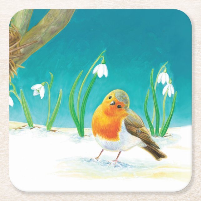 Red Robin Bird and Snowdrops Illustration Underlägg Papper Kvadrat (Framsidan)