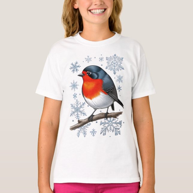 Red Robin Bird med Snöflingor T Shirt (Framsida)