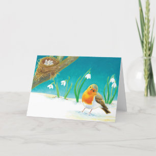 Red Robin Bird & Vår Snowdrops Illustration Helgkort