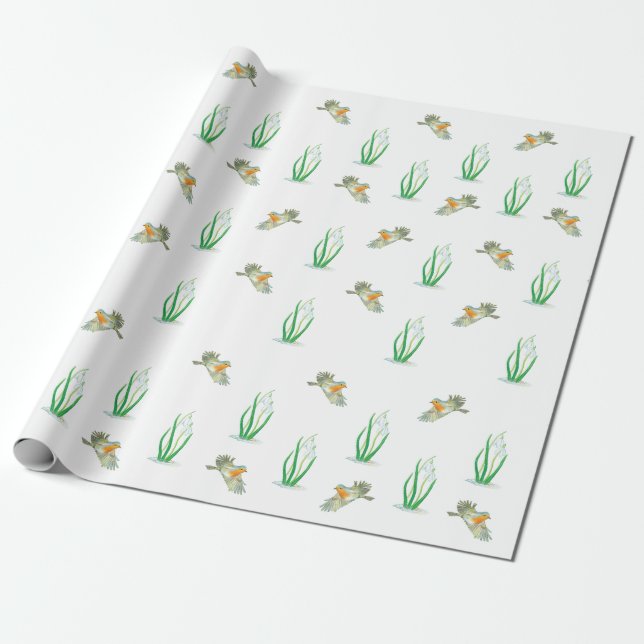 Red Robin Birds and Snowdrops, Galanthus nivalis Presentpapper (Utrullad)