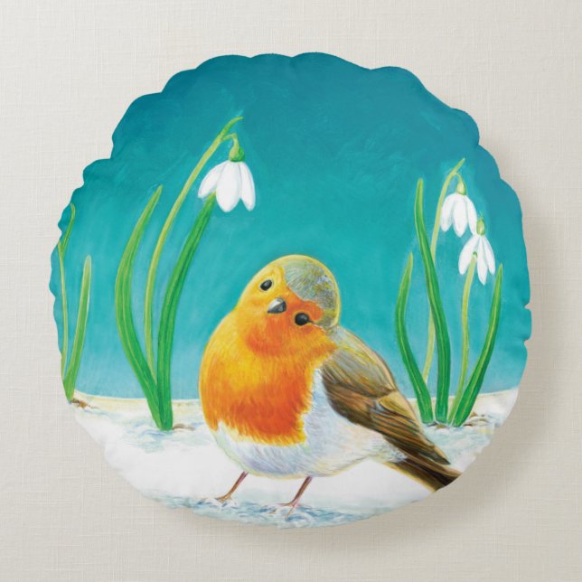 Red Robin (Erithacus rubecula) Tidigt Vår Rund Kudde (Framsidan)