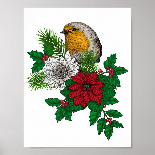 Red robin på Christhmas dekoration Poster (Framsidan)