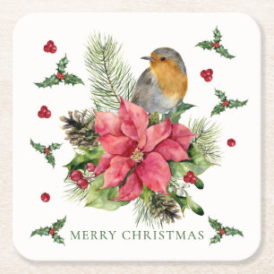 Red Robin Poinsettia Jul Papper Underlägg Kvadrat