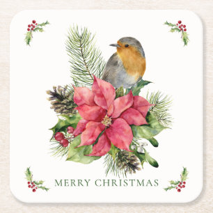 Red Robin Poinsettia Jul Papper Underlägg Kvadrat