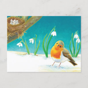 Red Robin & Tidigt Vår Snowdrops Illustration Vykort