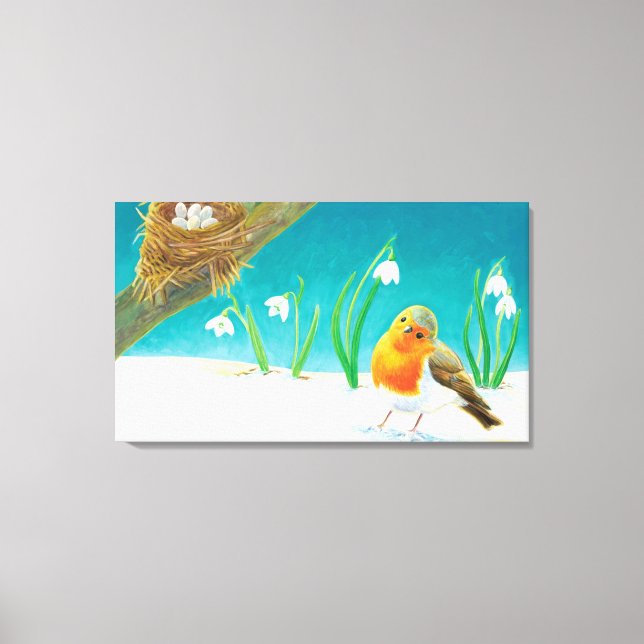 Red Robin Vår Snowdrops Illustration Canvastryck (Framsida)