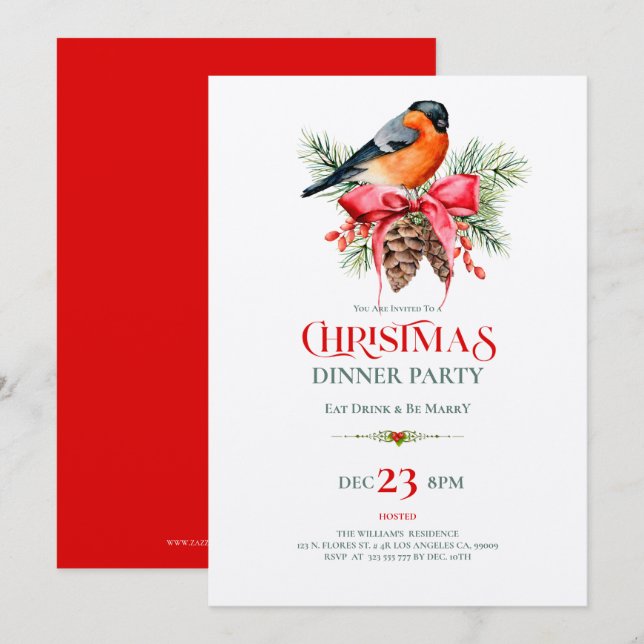 Red Robin with pinecones Christmas design Inbjudningar (Fram/baksida)