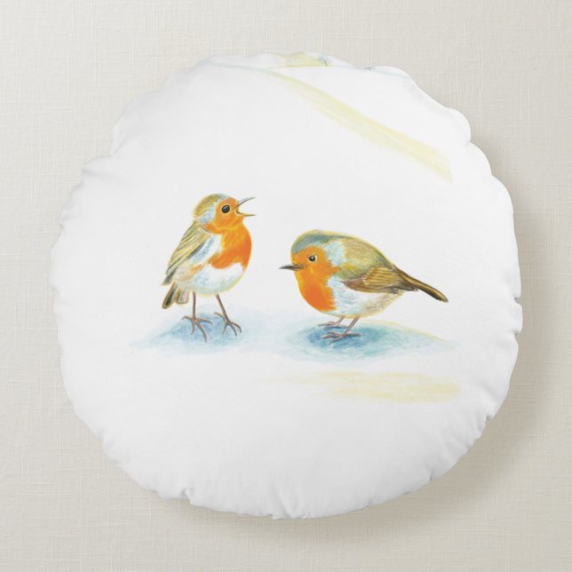 Red Robins in Winter Rund Kudde (Framsidan)