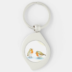Red Robins in Winter Swirl Silverfärgad Nyckelring