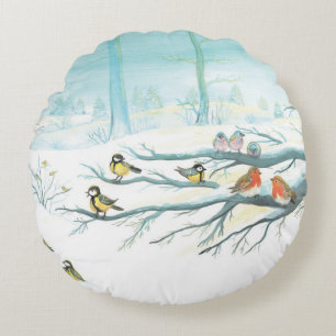 Red Robins & Tit Birds in Winter Forest Rund Kudde