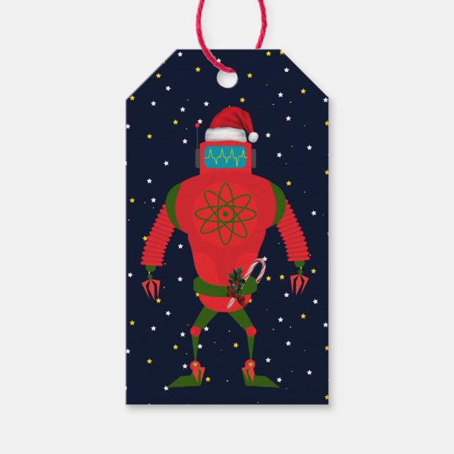 Red Robot Santa In Space Matching jul Presentetikett (Framsidan)