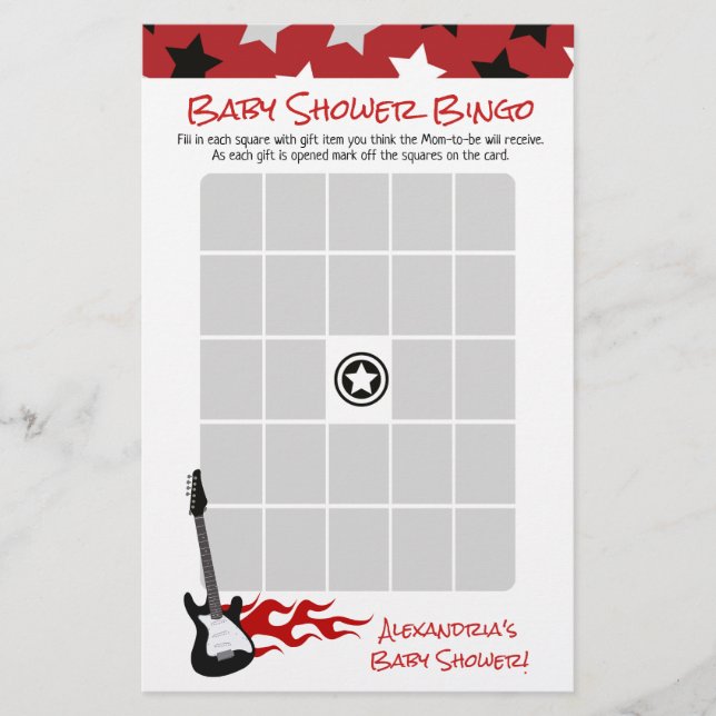 Red Rockstjärna Sten a bye Baby Shower Bingo Game (Framsida)